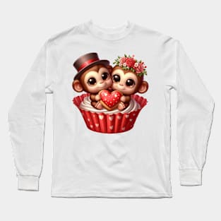 Valentine Monkey Couple In A Cupcake Long Sleeve T-Shirt